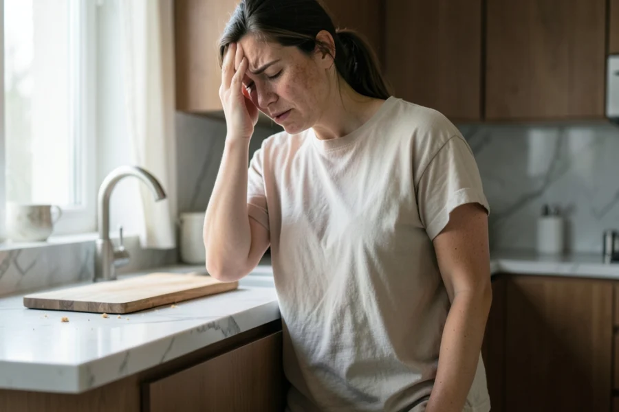 Mulher de 28 anos apoiada na bancada da cozinha, demonstrando exaustão emocional e cansaço mental.