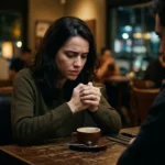 Mulher jovem em uma cafeteria com expressão de confusão e tensão emocional, sugerindo manipulação psicológica.