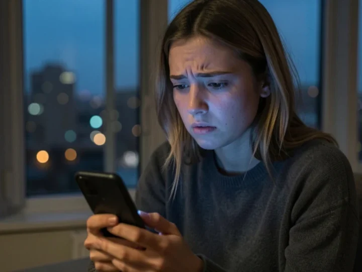 Mulher jovem olhando para o celular com expressão de confusão em um apartamento à noite.