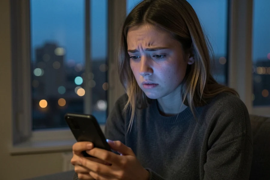Mulher jovem olhando para o celular com expressão de confusão em um apartamento à noite.