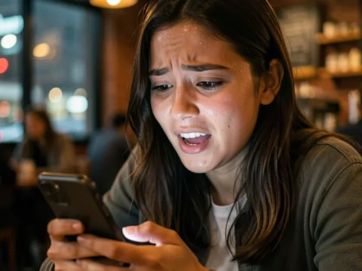 Jovem mulher de 20 anos olhando o celular com expressão de euforia e confusão em um café.