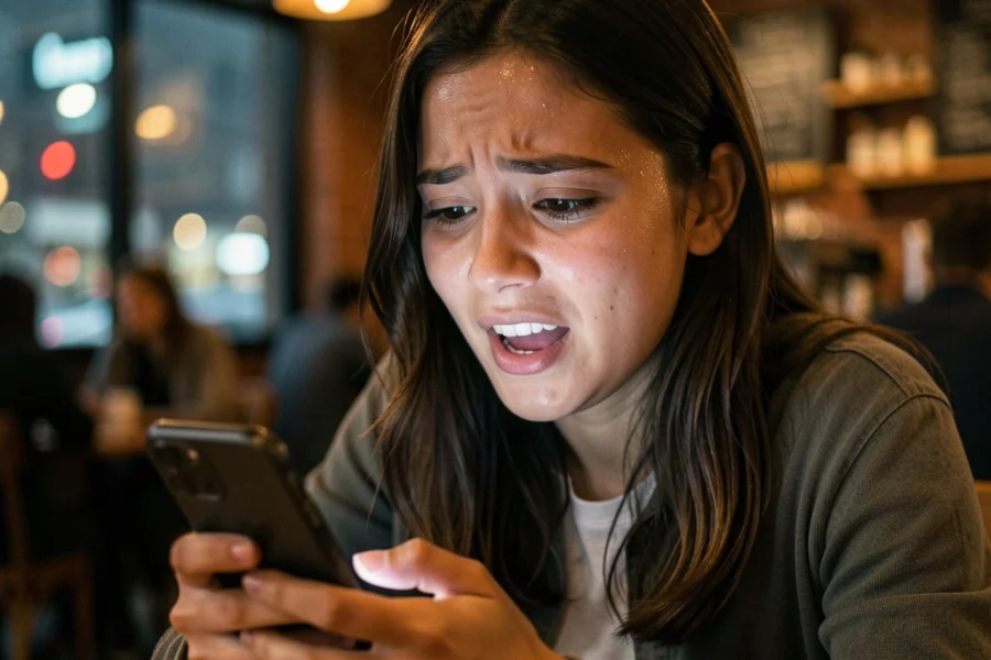 Jovem mulher de 20 anos olhando o celular com expressão de euforia e confusão em um café.