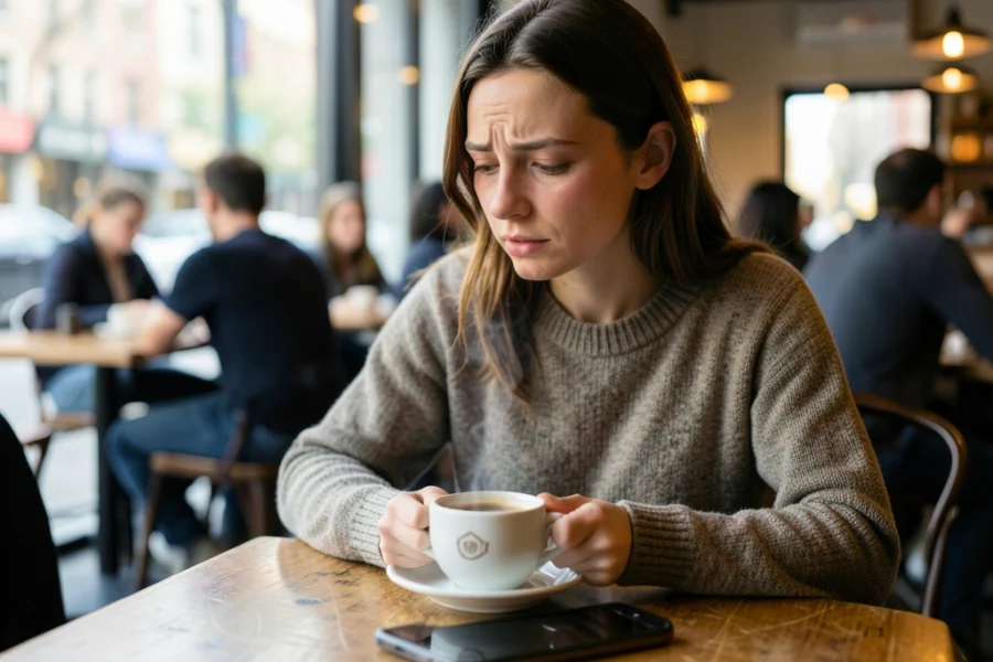Mulher jovem em um café contemporâneo, pensativa e introspectiva, afastando o olhar do celular.