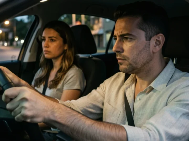 Casal de classe média em um carro contemporâneo sob luz crepuscular, demonstrando tensão emocional silenciosa.
