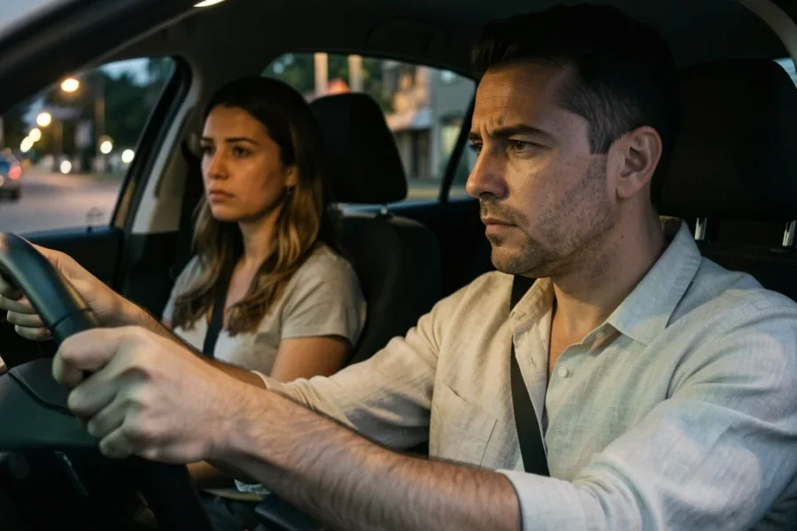 Casal de classe média em um carro contemporâneo sob luz crepuscular, demonstrando tensão emocional silenciosa.