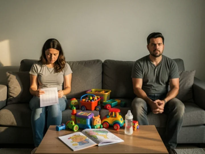 Casal de classe média sentado distantes no sofá com brinquedos de criança entre eles, simbolizando o afastamento emocional.