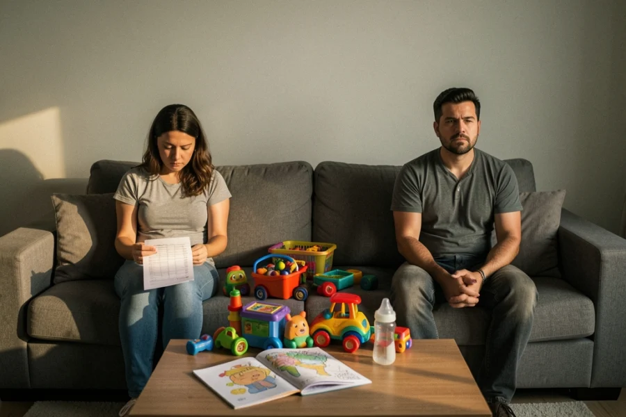 Casal de classe média sentado distantes no sofá com brinquedos de criança entre eles, simbolizando o afastamento emocional.