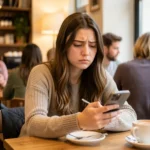 Jovem mulher de 22 anos em um café, com expressão de dúvida e desconforto ao olhar o celular.