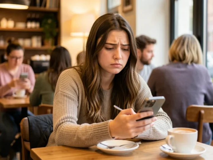 Jovem mulher de 22 anos em um café, com expressão de dúvida e desconforto ao olhar o celular.