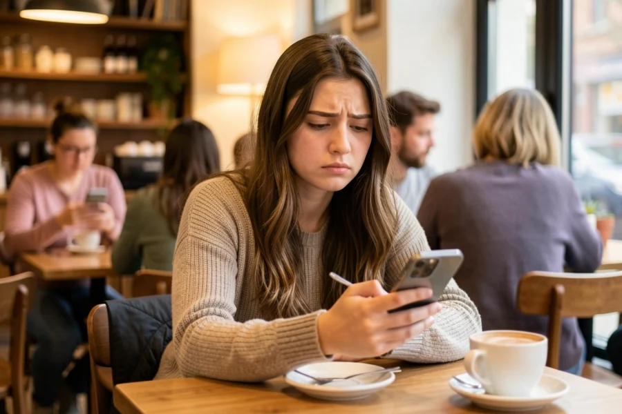 Jovem mulher de 22 anos em um café, com expressão de dúvida e desconforto ao olhar o celular.