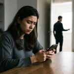 Mulher jovem expressando dúvida e exaustão emocional enquanto olha para o celular em um ambiente doméstico tenso.