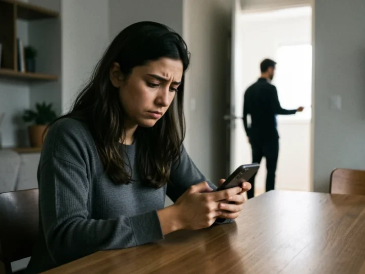 Mulher jovem expressando dúvida e exaustão emocional enquanto olha para o celular em um ambiente doméstico tenso.