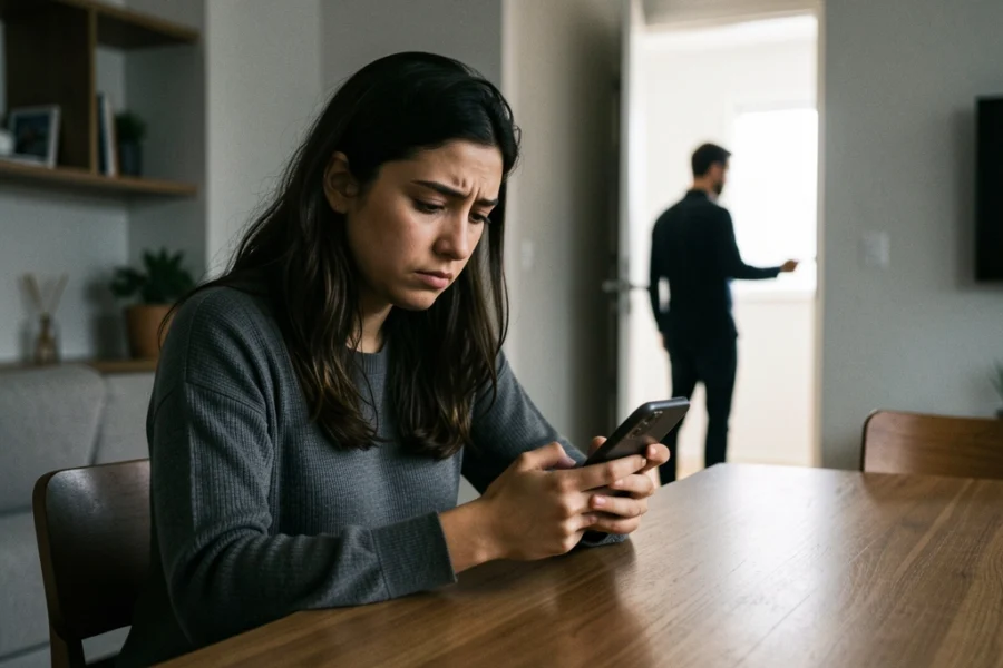 Mulher jovem expressando dúvida e exaustão emocional enquanto olha para o celular em um ambiente doméstico tenso.