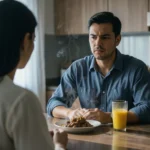 Homem de 30 anos sentado à mesa da cozinha com expressão de dúvida e tensão, enquanto a parceira aparece ao fundo em desfoque.