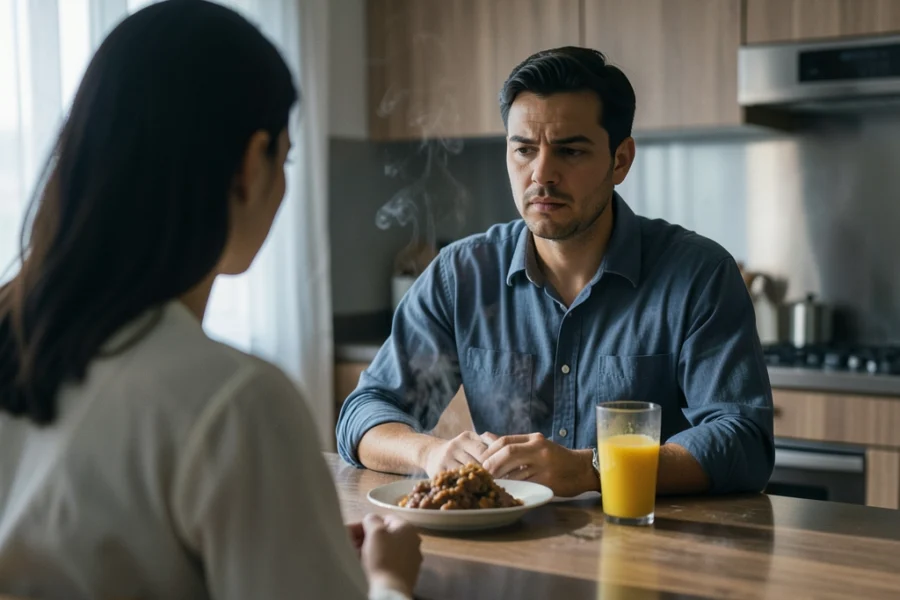 Homem de 30 anos sentado à mesa da cozinha com expressão de dúvida e tensão, enquanto a parceira aparece ao fundo em desfoque.