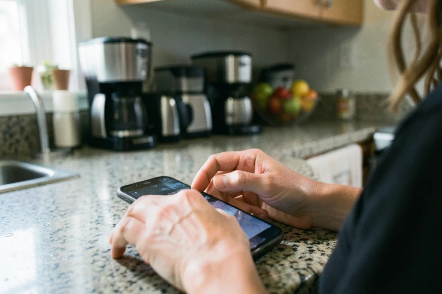Close-up das mãos de uma mulher de 30 anos próximas a um celular em uma bancada de cozinha, transmitindo hesitação.