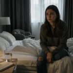 Mulher jovem sentada na beira da cama em um quarto mal iluminado, com expressão de desorientação emocional.