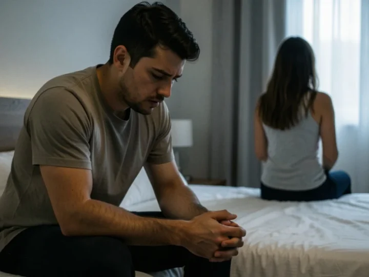 Homem de 30 anos sentado na cama com expressão de exaustão emocional em um quarto mal iluminado, com uma mulher de costas ao fundo.