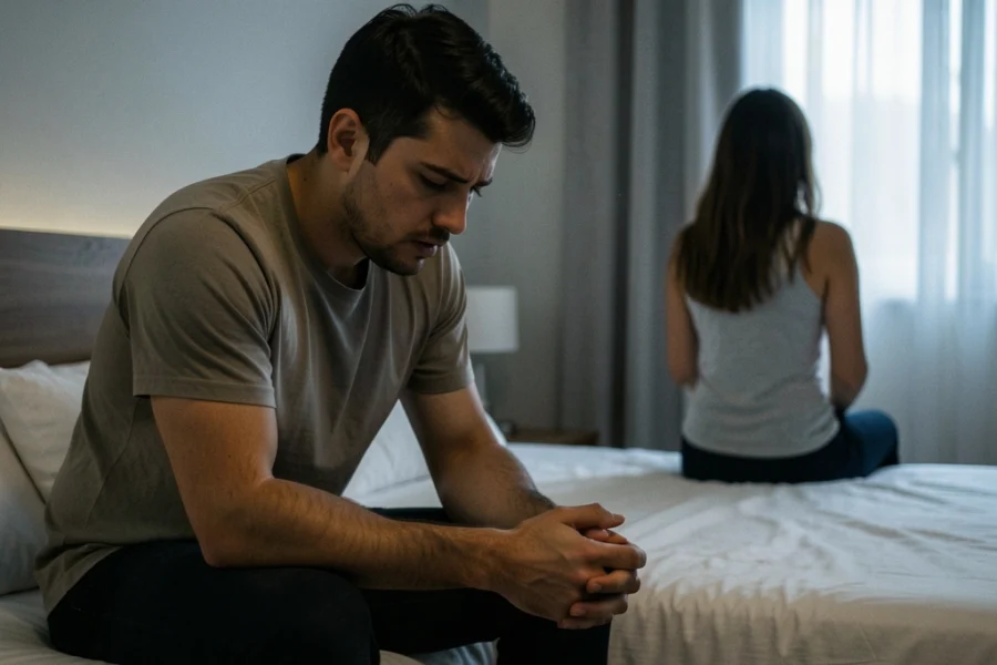Homem de 30 anos sentado na cama com expressão de exaustão emocional em um quarto mal iluminado, com uma mulher de costas ao fundo.